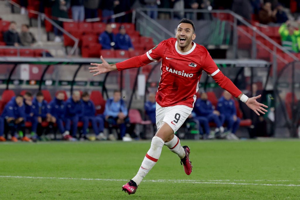 Vangelis Pavlidis of AZ Alkmaar celebrates 2-1 during the Conference League  match between AZ Alkmaar v Lazio at the AFAS Stadium on March 16, 2023...