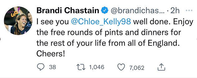 Among those to heap praise on the 24-year-old was American player Brandi, who tweeted: 'I see you Chloe Kelly, well done'