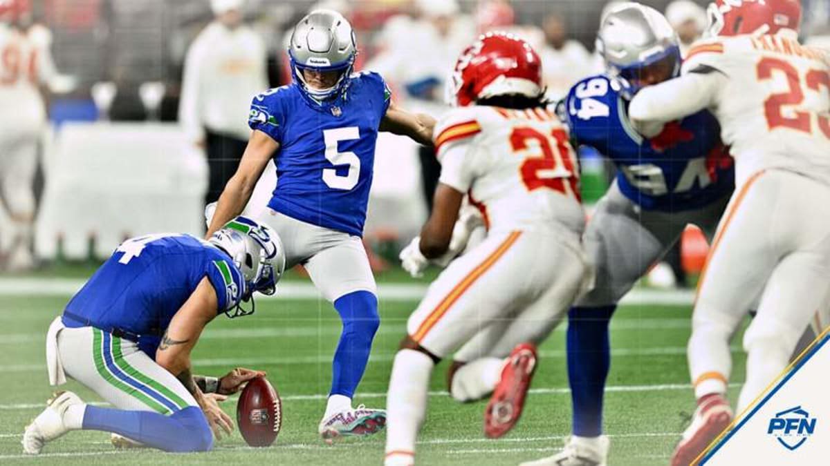 Seattle Seahawks kicker Jason Myers (5) kicks a field goal against the Kansas City Chiefs during the third quarter at Lumen Field.