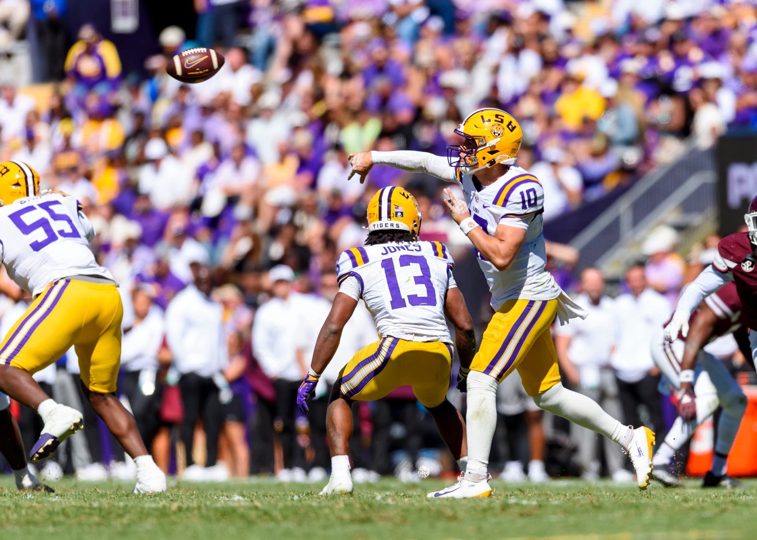 Quarterback Sam Leavitt 10, The LSU Tigers take on the Mississippi State Bulldogs.  October 17, 2026; Baton Rouge, LA, USA;  at Tiger Stadium.