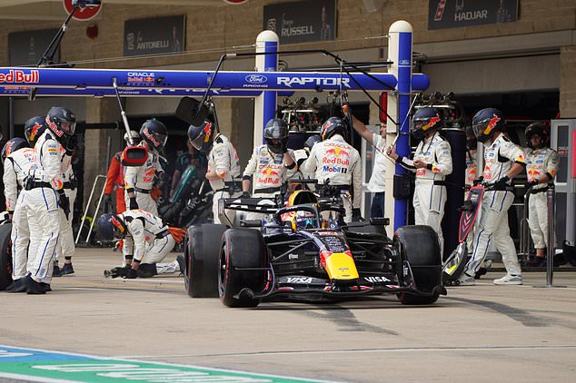 Red Bull driver Max Verstappen of the Netherlands steers his after a pit service during the Formula One U.S. Grand Prix auto race in Austin, Texas, Sunday, Oct. 25, 2026. (Dustin Safranek/Pool Photo via AP)