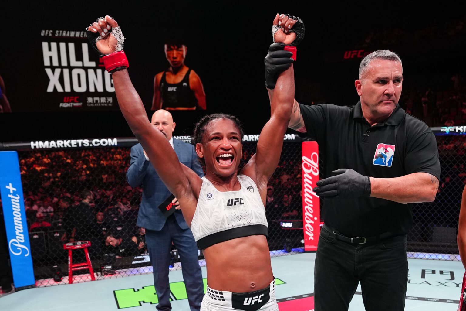 Angela Hill celebrates after beating Xiong Jing Nan at UFC Macau
