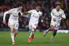 Crysencio Summerville of Leeds United celebrates scoring his team's first goal with Archie Gray and Georginio Rutter during the Sky Bet Championshi...