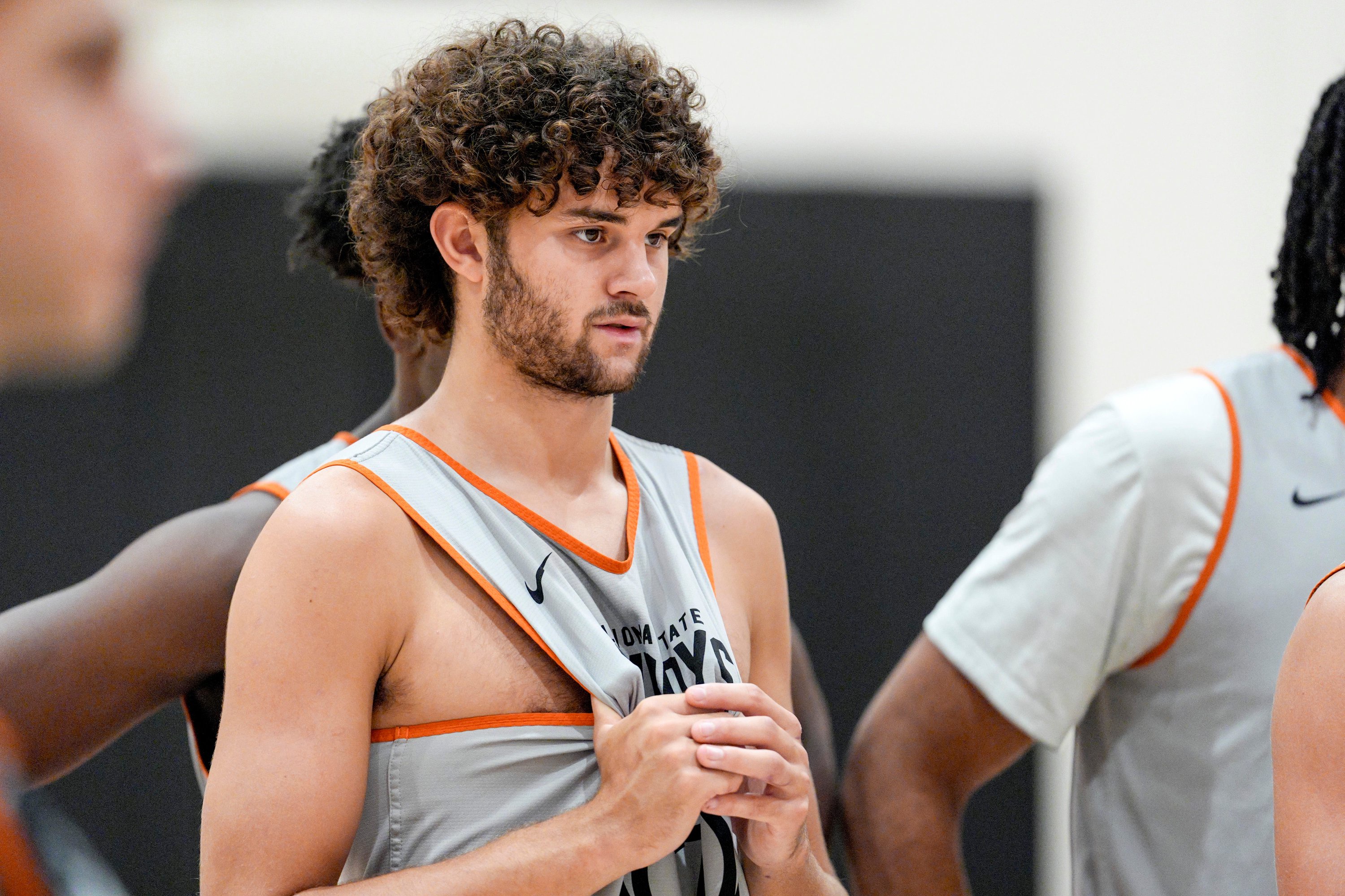 Jalen Montonati (7) runs drills during an Oklahoma State basketball practice in Stillwater, Okla., on Tuesday, July 21, 2026.