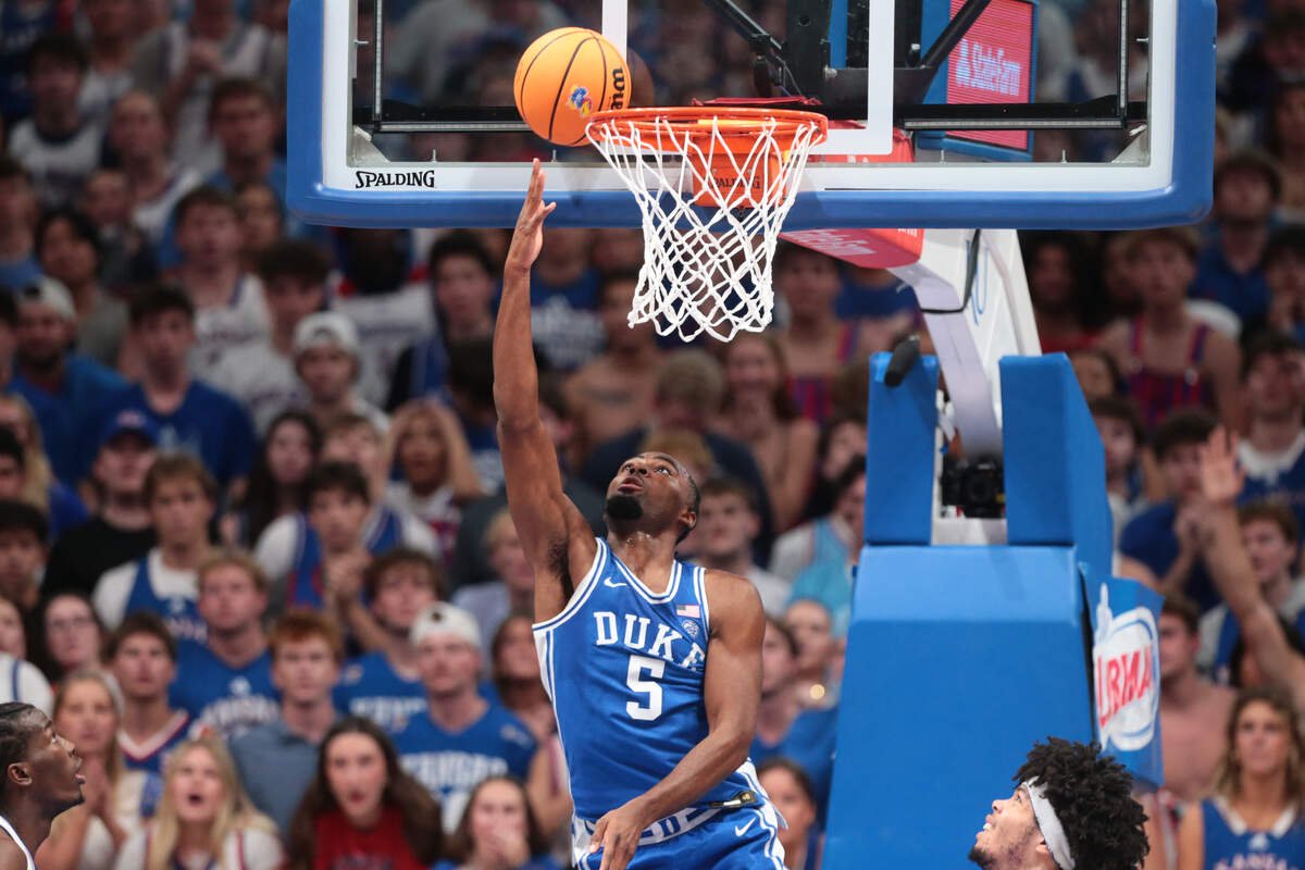 Duke Blue Devils forward Sebastian Wilkins (5) shoots a lay up against Kansas Jayhawks during the exhibition game inside Allen Fieldhouse in Lawrence, Kansas on Oct. 25, 2026.