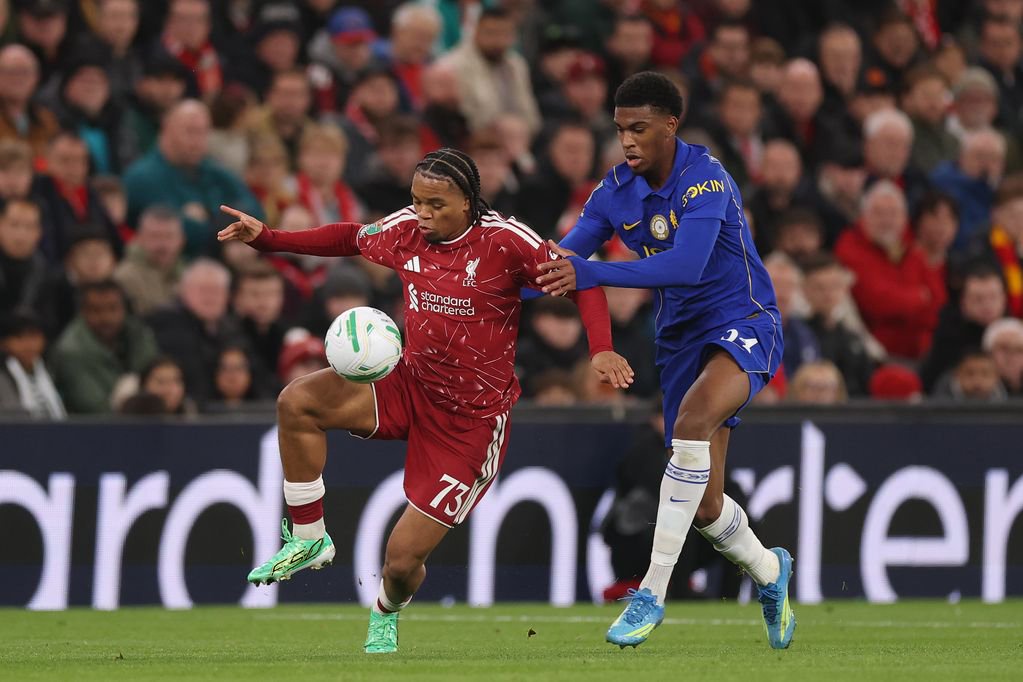 Rio Ngumoha during Liverpool vs Chelsea in the Carabao Cup.