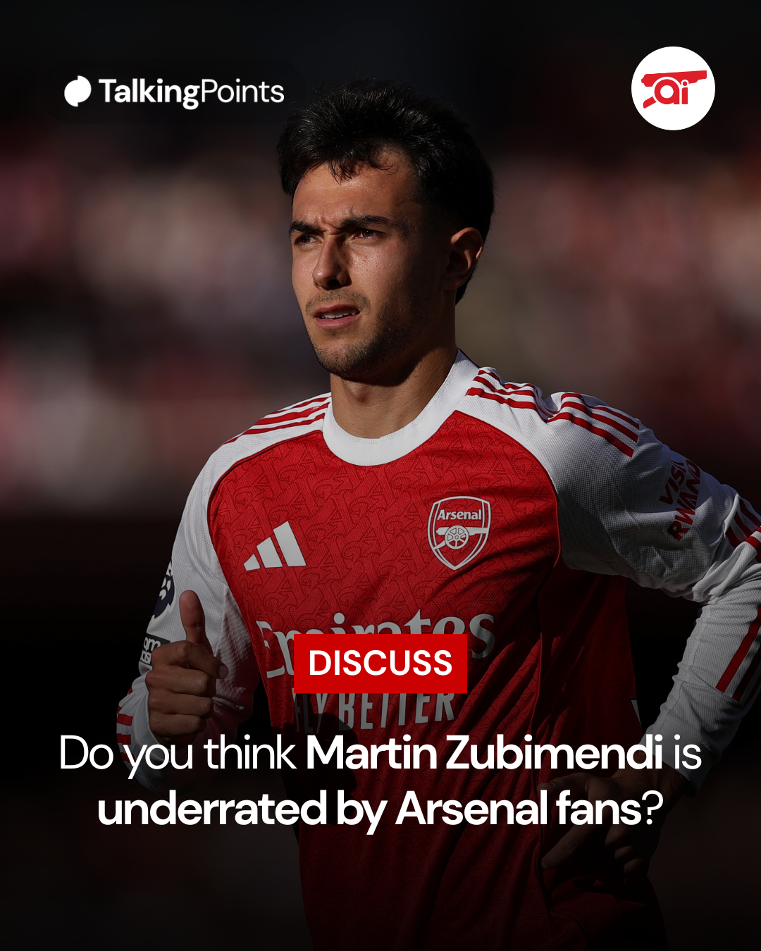 A graphic asking Arsenal fans if Martin Zubimendi is underrated by fans.