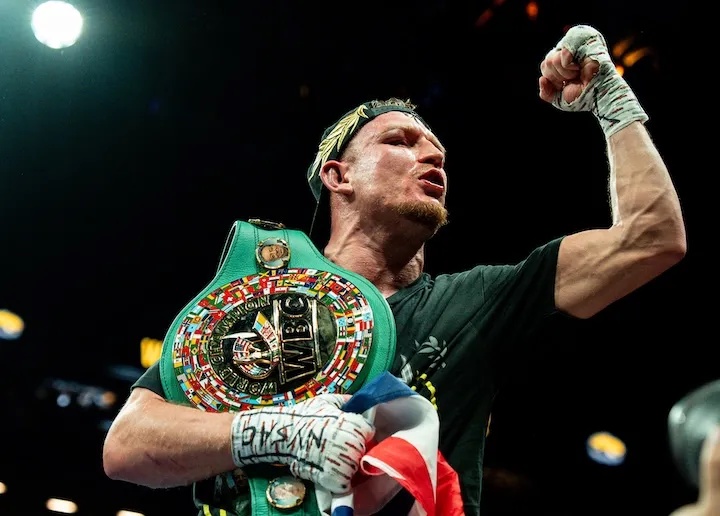 Dalton Smith holds the WBC junior welterweight world title shortly after winning it from Subriel Matias on January 10, 2026.