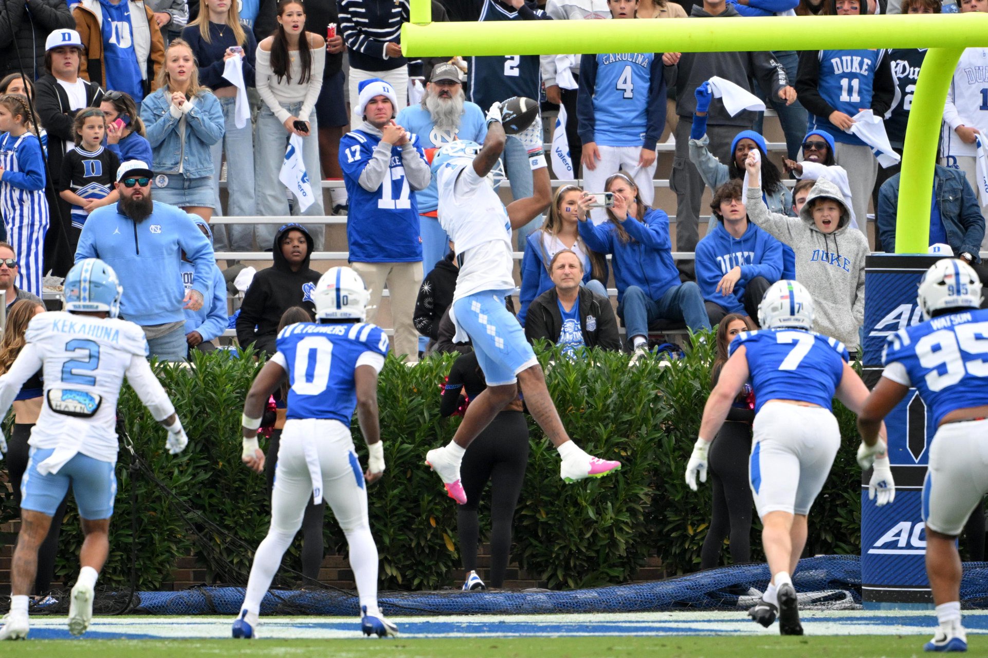 Oct 17, 2026; Durham, North Carolina, USA;  North Carolina Tar Heels wide receiver Jordan Shipp (1) catches the ball in the end zone for a touchdown against the Duke Blue Devils during the first quarter at Wallace Wade Stadium.  Mandatory Credit: Zachary Taft-Imagn Images