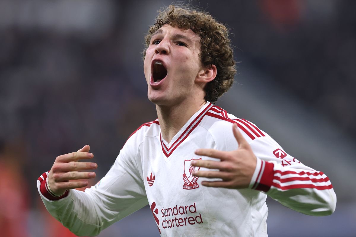 Lewis Koumas of Liverpool celebrates scoring his team’s sixth goal during the UEFA Champions League match against LASK on October 14 2026 in Linz, Austria