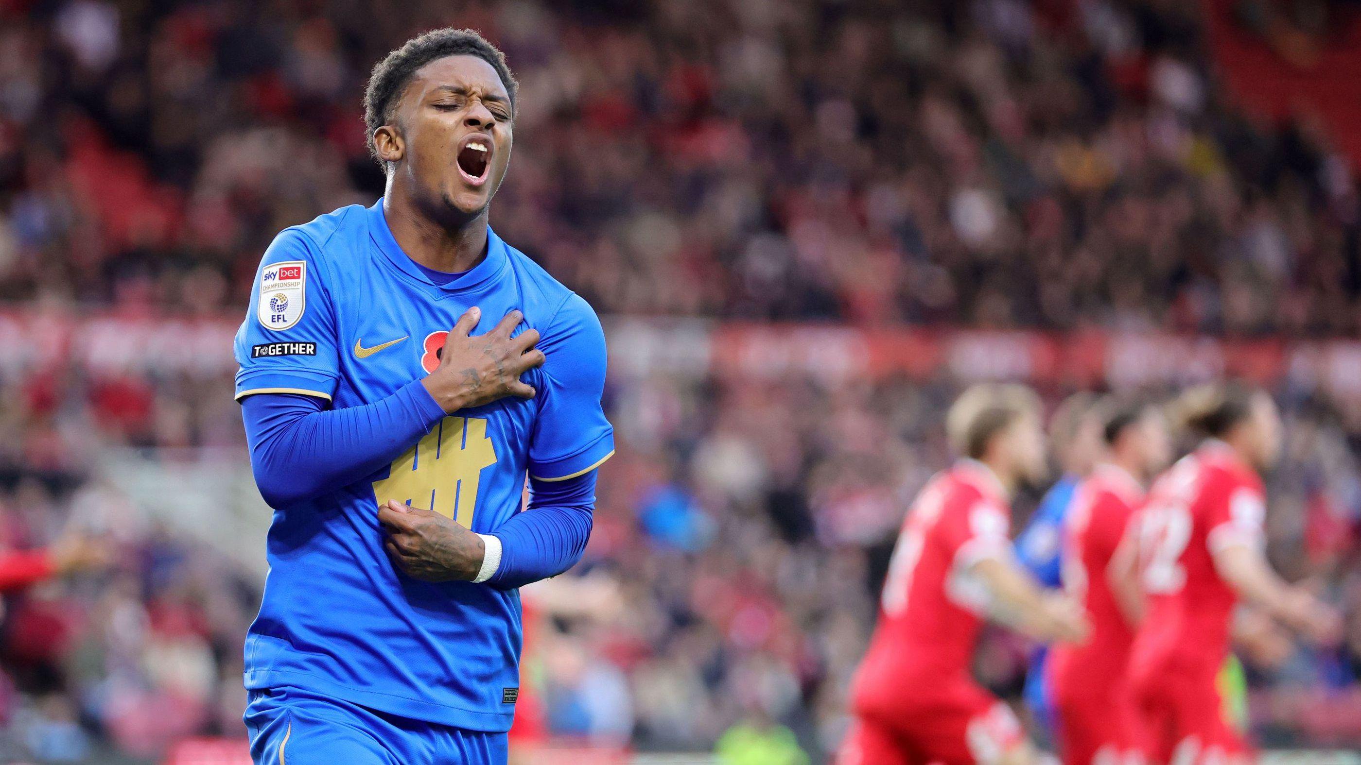 Demarai Gray celebrates scoring for Birmingham City at Middlesbrough in November 2025