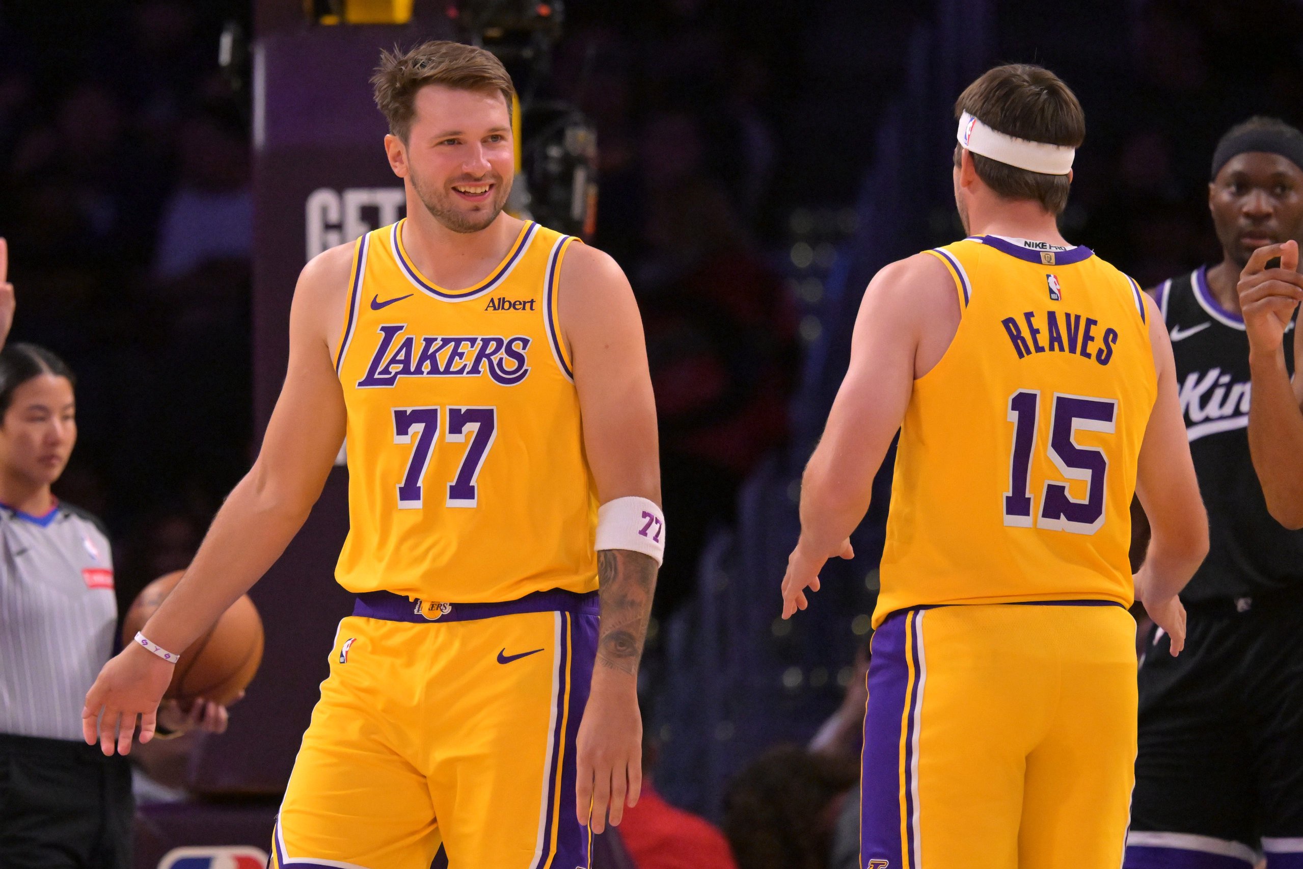 Los Angeles Lakers guard Luka Doncic (77) and guard Austin Reaves (15) on the court during the first half the Sacramento Kings at Crypto.com Arena.