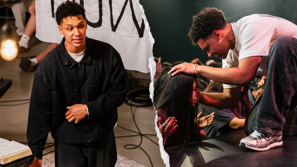 tan young adult man preaching on stage on the left, and the same man with his hand on the head of a girl praying over her crouching down while he preaches on stage on the right