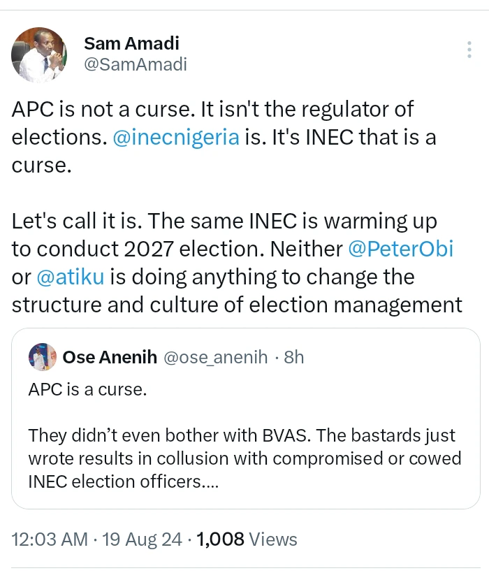 INEC Not APC Is A Curse, Same INEC Is Warming Up For 2027 And Obi, Atiku Are Doing Nothing — Sam Amadi