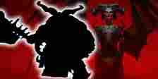 The shadow of The Butcher in Diablo 3 alongside Lilith from Diablo 4