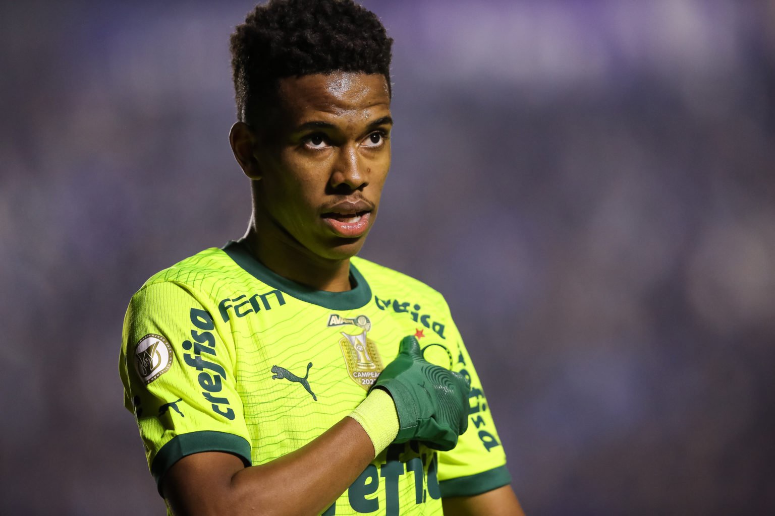Estevao of Palmeiras acknowledge the fans after the match between Gremio and Palmeiras as part of Brasileirao 2024 at Francisco Stedile Stadium on ...
