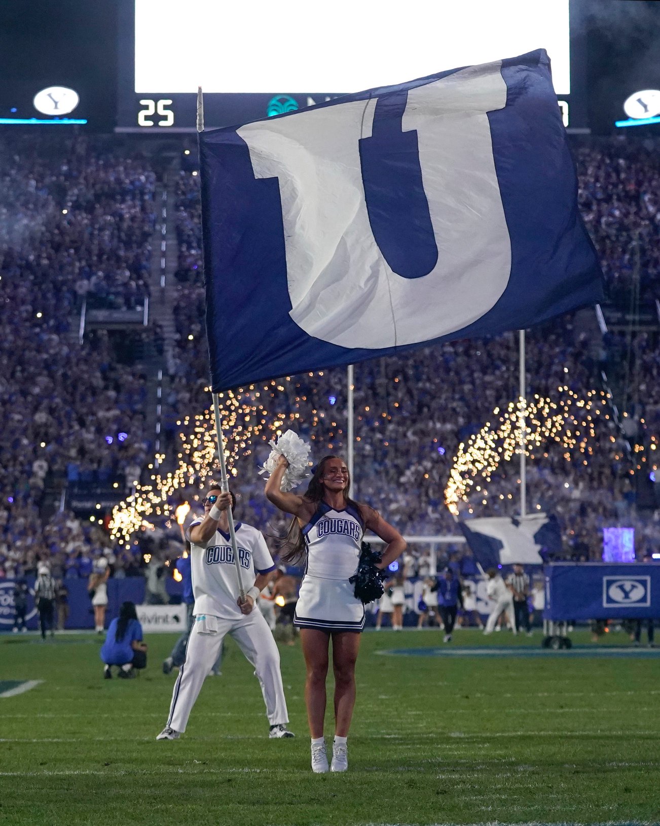 Oct 9, 2026; Provo, Utah, USA; BYU Cougars cheer squad performs between the third and fourth quarter of a game against the Iowa State Cyclones at LaVell Edwards Stadium. Mandatory Credit: Aaron Baker-Imagn Images
