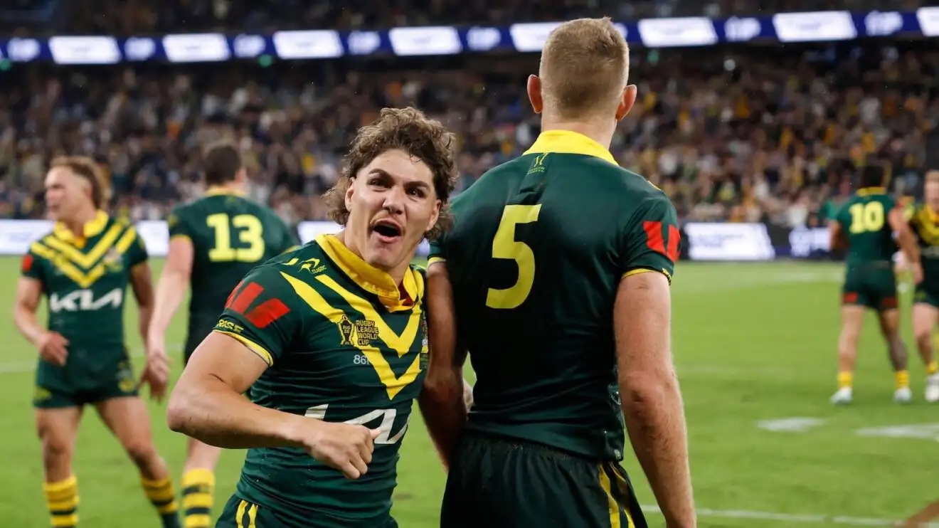 Reece Walsh celebrates Australia's opening win in the 2026 Rugby League World Cup over New Zealand