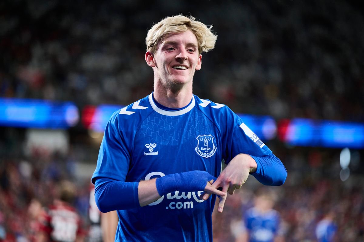 Anthony Gordon of Everton FC celebrates scoring a goal during the Sydney Super Cup match between Everton and the Western Sydney Wanderers