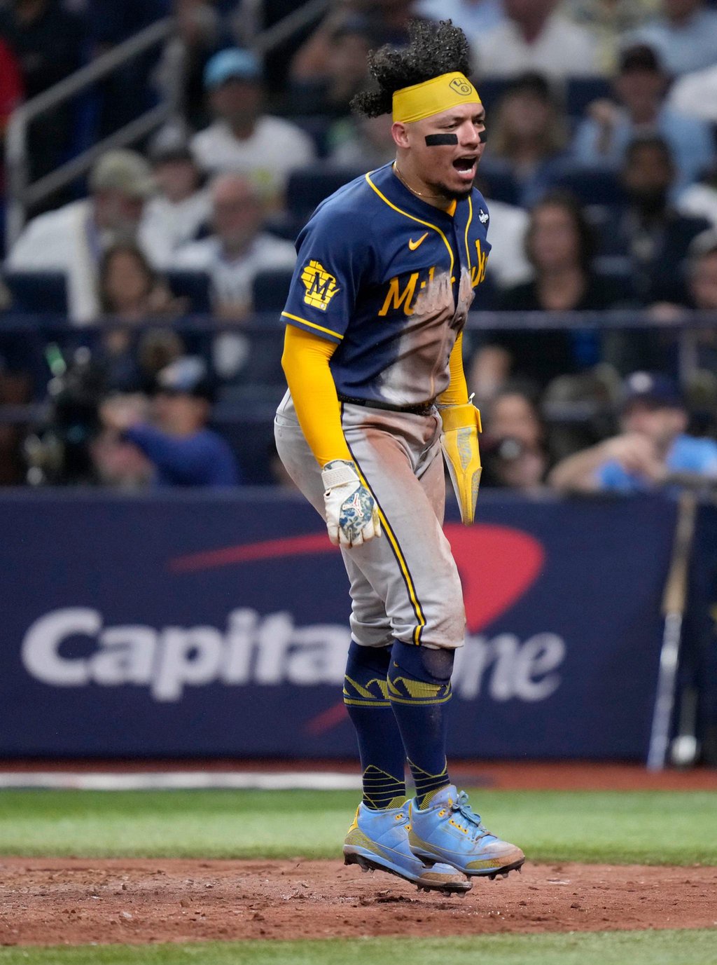 Milwaukee Brewers catcher William Contreras celebrates after scoring during the sixth inning against the Tampa Bay Rays.