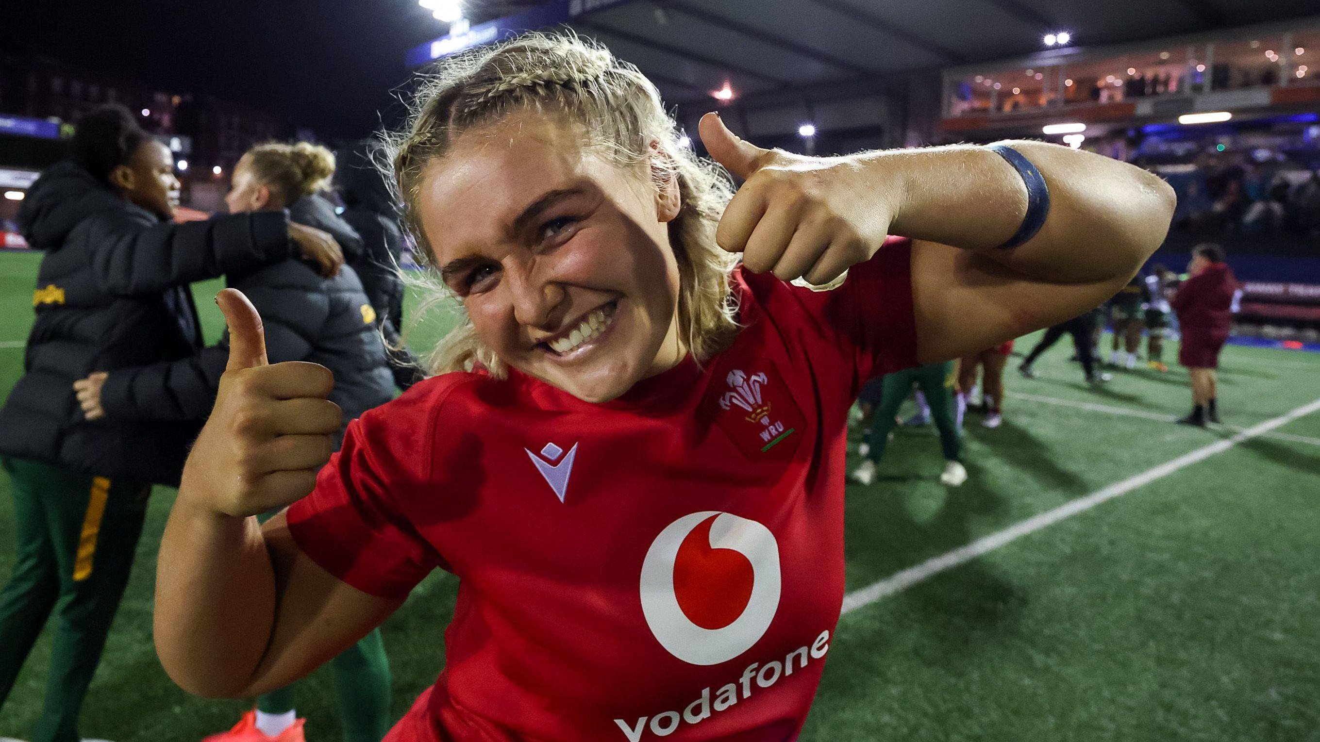 Alex Callender celebrates with thumbs-up after Wales' win against South Africa