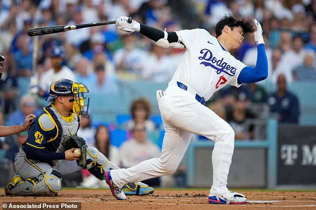 Los Angeles Dodgers designated hitter Shohei Ohtani strikes out as Milwaukee Brewers catcher William Contreras catches the ball during the first inning of Game 4 of baseball's National League Championship Series between the Milwaukee Brewers and the Los Angeles Dodgers, Thursday, Oct. 15, 2026, in Los Angeles. (AP Photo/Ashley Landis)