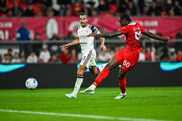 Eddy Kouadio of AC Monza scores their side's first goal of the game during the Italian Serie A soccer match between AC Monza and Cagliari Calcio in Monza, Italy, Monday, Oct. 19, 2026. (Tiziano Ballabio/LaPresse via AP)