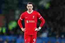 Darwin Nunez of Liverpool looks dejected during the Premier League match between Everton FC and Liverpool FC at Goodison Park on April 24, 2024 in ...