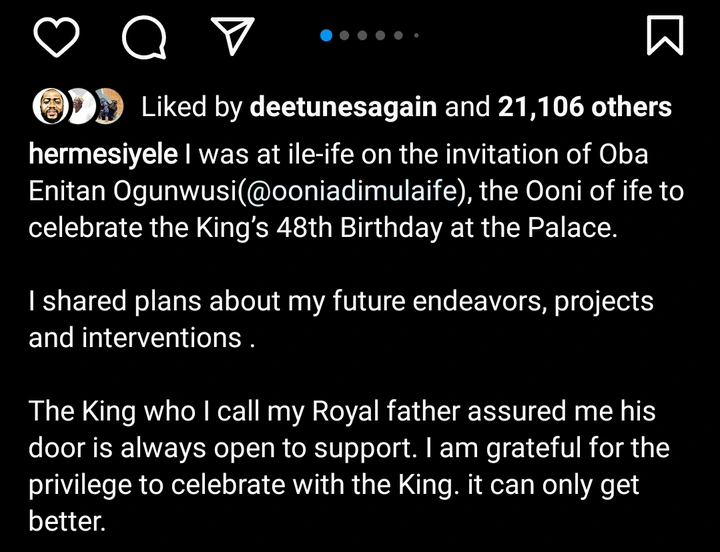 Ooni of Ife, Oba Adeyeye Enitan Invites Ex-BBN Housemate, Hermes For His Birthday Party
