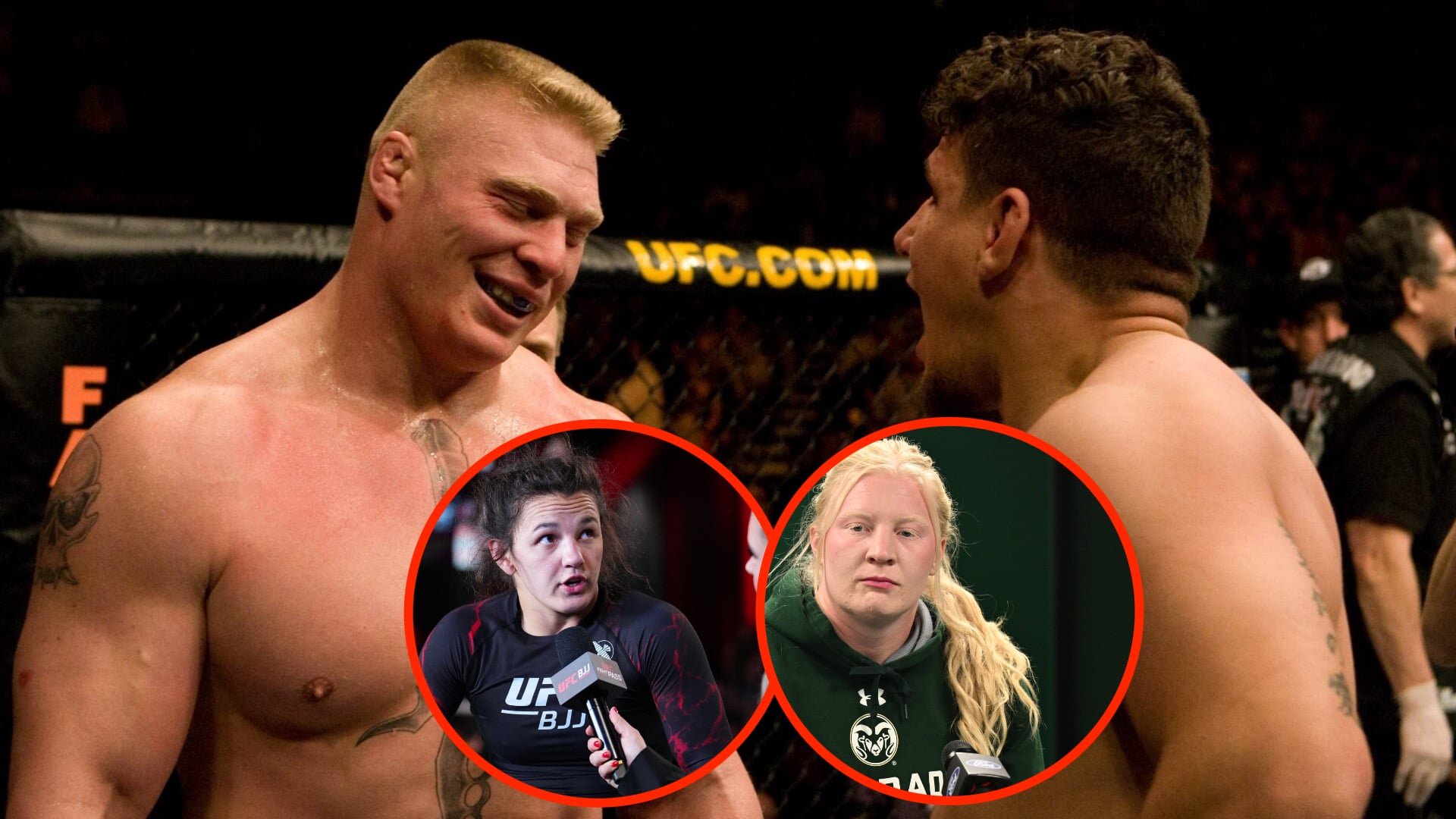 Brock Lesnar and Frank Mir moments after their UFC 81 clash with insets of Bella Mir following her UFC BJJ 1 win and Mya Lesnar ahead of her Olympi...