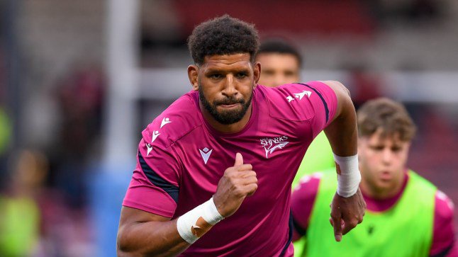 Hyron Andrews of Sale Sharks during the Gallagher Premiership match between Gloucester and Sale Sharks at Kingsholm Stadium in Gloucester, United Kingdom, on May 8, 2026. (Photo by Alex Williamson/News Images/NurPhoto via Getty Images)
