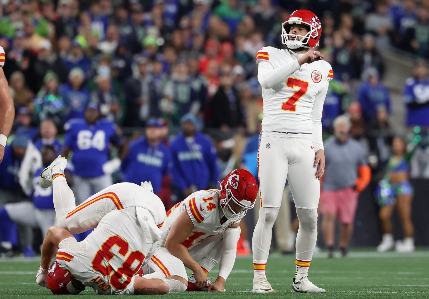 Oct 25, 2026; Seattle, Washington, USA;  Kansas City Chiefs kicker Harrison Butker (7) reacts after missing a field goal against the Seattle Seahawks during the fourth quarter at Lumen Field.  Mandatory Credit: Joe Nicholson-Imagn Images