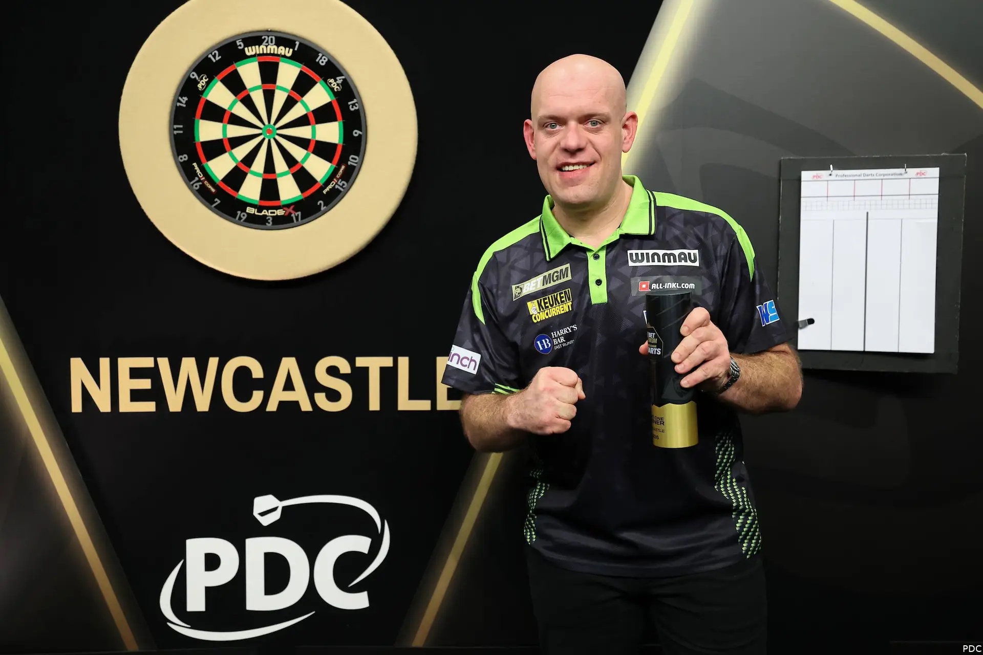 Michael van Gerwen celebrates winning night one of the 2026 Premier League Darts in Newcastle
