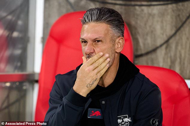 Leipzig's head coach Martin Demichelis attends the German soccer cup match between Rot Weiss Essen and RB Leipzig in Essen, Germany, Tuesday, Oct. 27, 2026. (Bernd Thissen/dpa via AP)