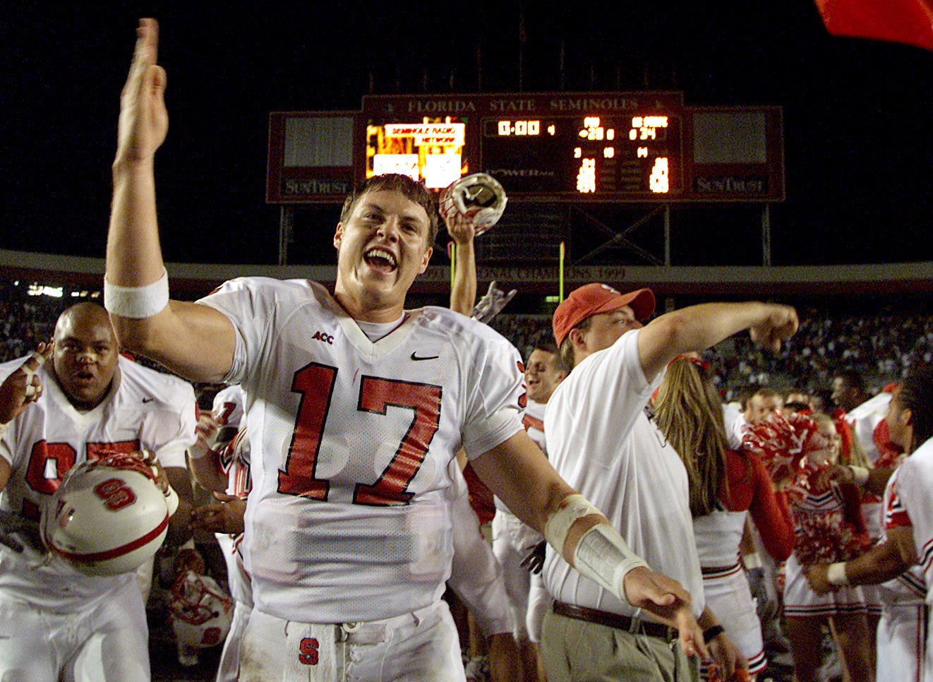 Philip Rivers #17 of N.C.St. celebrates after his team won 34-28 during the Florida State -North Carolina State game at Doak Campell Stadium in Tallahassee , Florida, Nov. 11, 2001.