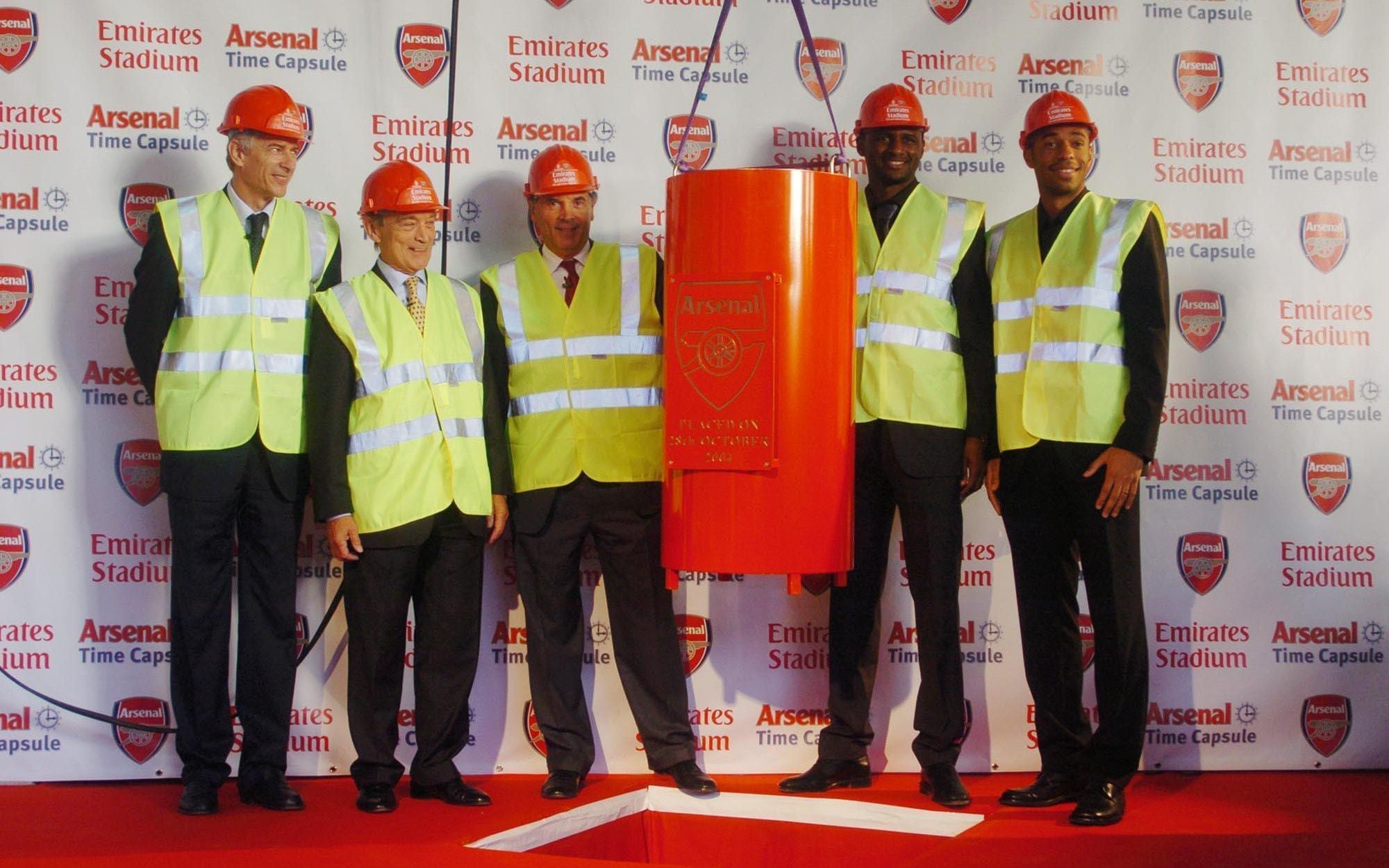 Friar, second left, in 2004 with, l-r, Arsene Wenger, David Dein, Patrick Viera and Thierry Henry during a ceremony to place a time capsule in the foundations of the Emirates Stadium