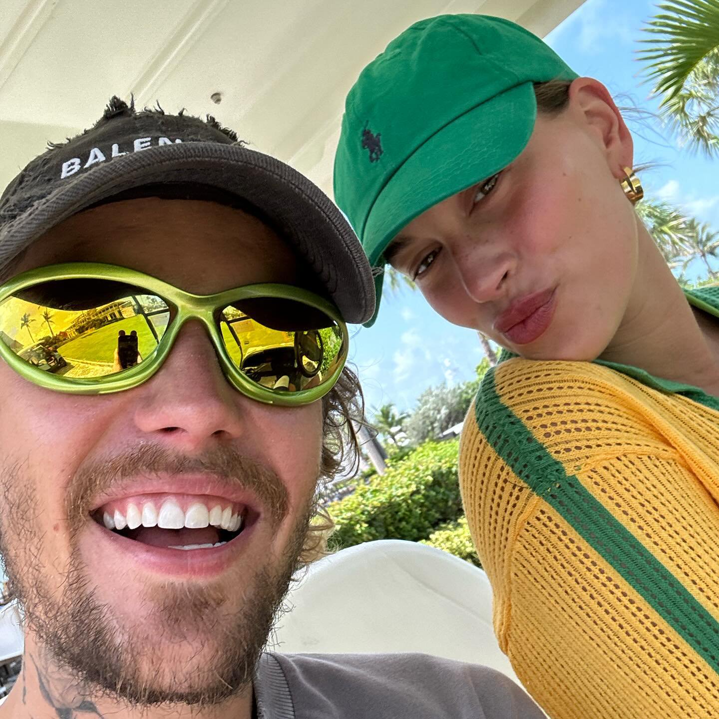 Singer Justin Bieber smiles while enjoying time outside with his wife Hailey Bieber
