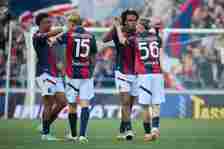 Alexis Saelemaekers of Bologna FC celebrates after scoring his team's first goal with his teammate Joshua Zirkzee during the Serie A TIM match betw...