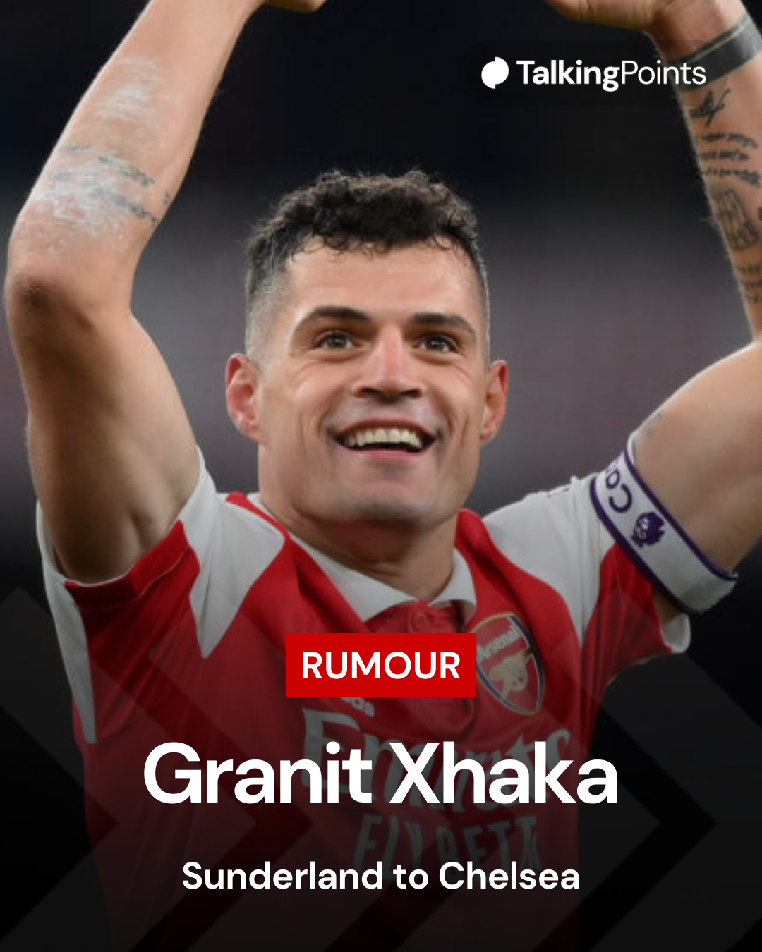 Image of Granit Xhaka celebrating during an Arsenal game, overlaid a transfer rumour linking him to Chelsea