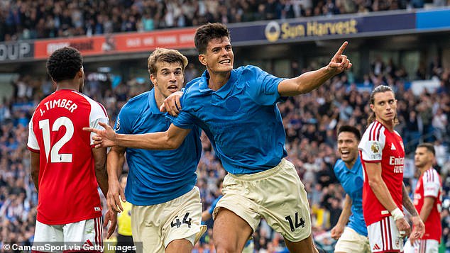 Chema Andres, 21, celebrates scoring against Arsenal. The Spain Under 21s midfielder is known as 'Baby Rodri' and signed from Stuttgart on deadline day