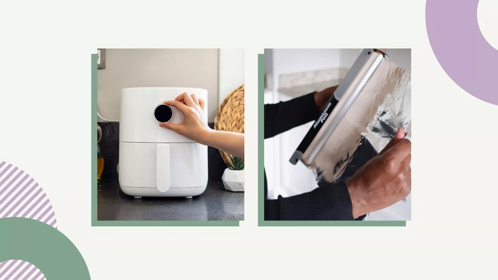 a composite image featuring two pictures – one of a person using a white air fryer in a kitchen, and another of a person holding aluminium foil, with coloured borders in the corners of the image – to illustrate can you put foil in an air fryer?