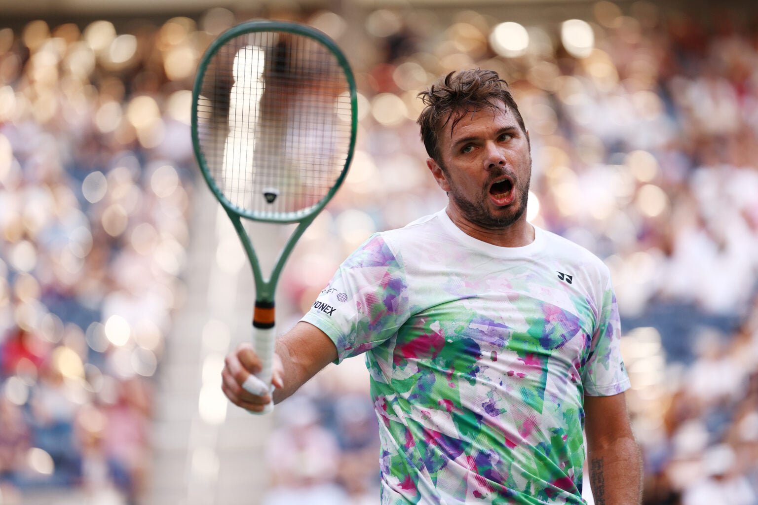Stan Wawrinka of Switzerland reacts after a point against Jannik Sinner of Italy during their Men's Singles Third Round match on Day Six of the 2023 US Open at the USTA Billie Jean King National Tennis Center on September 02, 2023 in the Flushing neighborhood of the Queens borough of New York City.