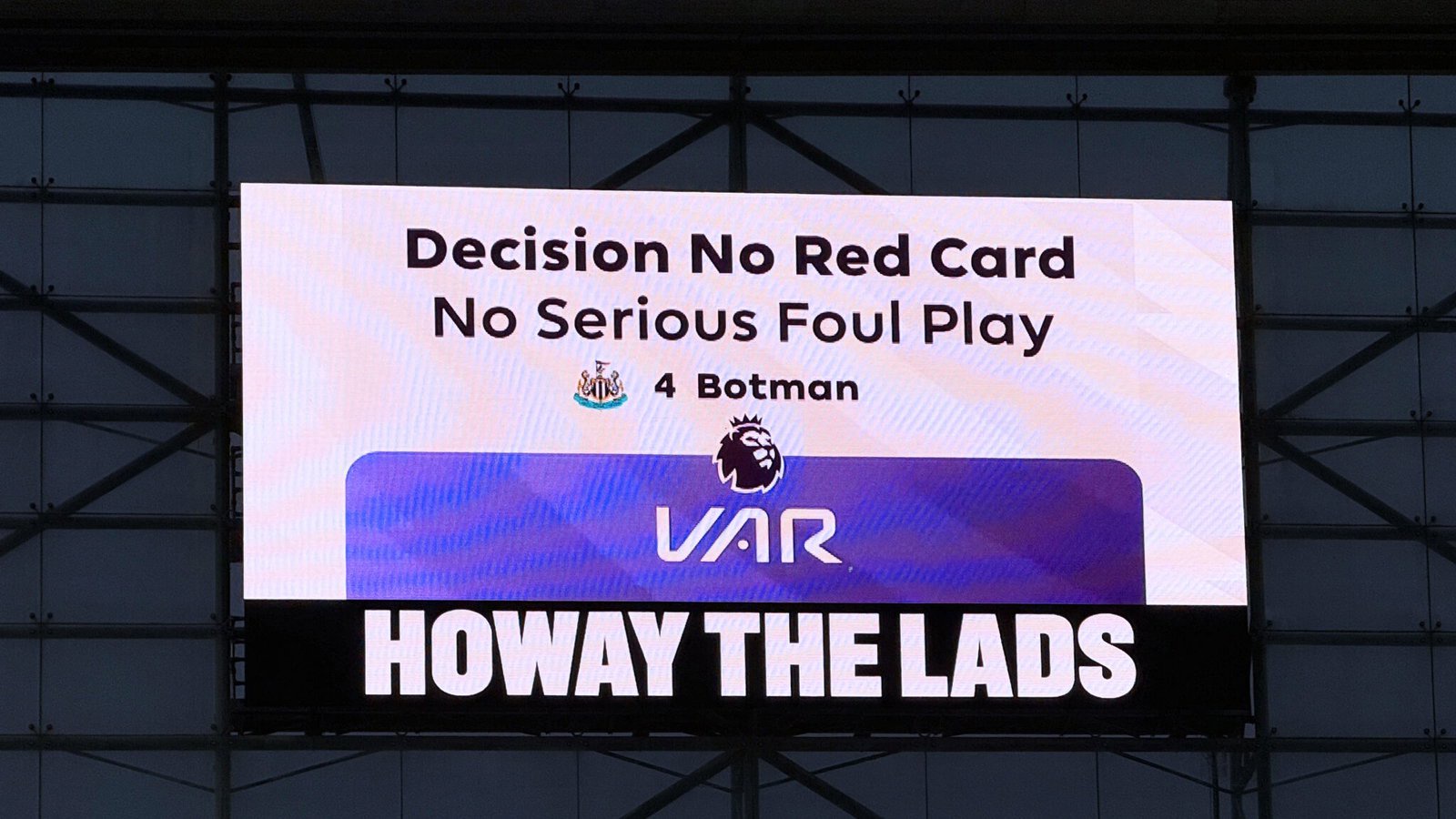 VAR Screen No Red Card Botman Newcastle United v Aston Villa Premier