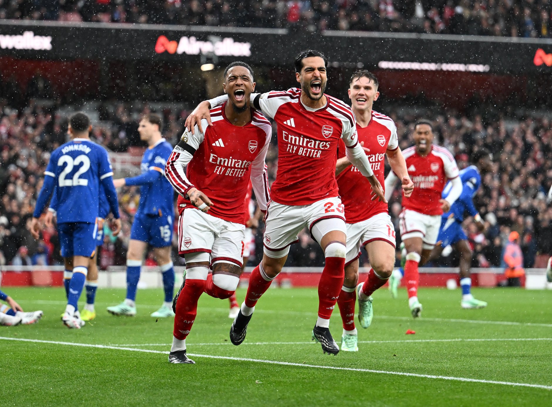Ezri Konsa celebrates scoring for Arsenal against Everton in the Premier League