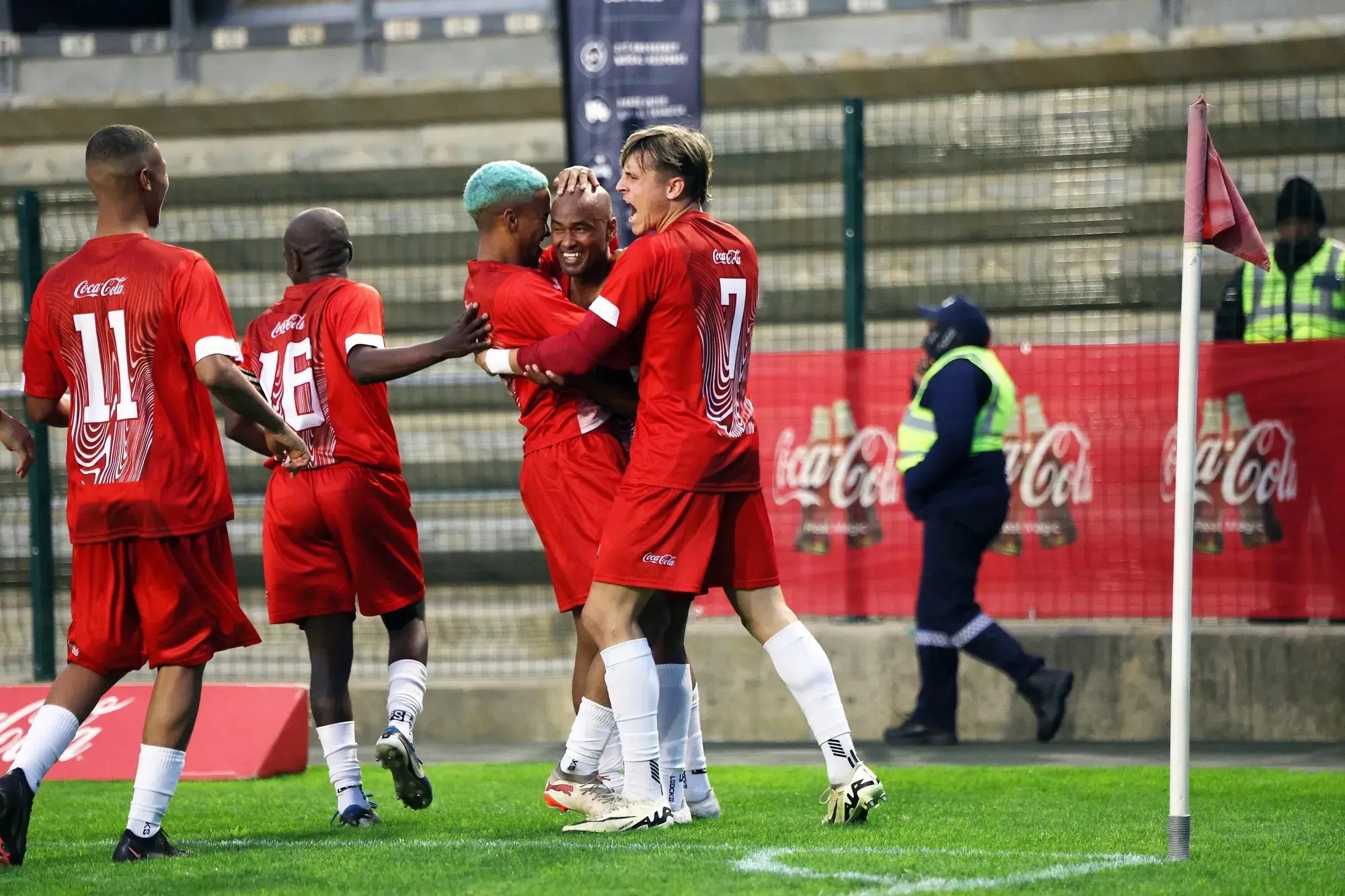 Hanover Park celebrate their 2-0 victory over Saxon Rovers in Saturday’s senior men’s Coke Cup final at Athlone Stadium.