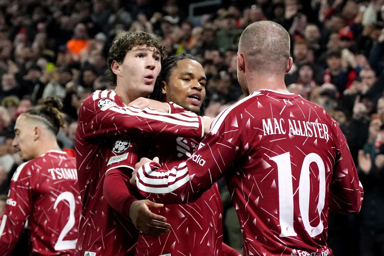 Liverpool’s Alexis Mac Allister, right, celebrates with fellow scorer Rio Ngumoha after his second goal against Villarreal