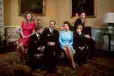 Prince Philip with his wife Elizabeth II and his children in Buckingham Palace 1972.   Left to right Princess Anne...
