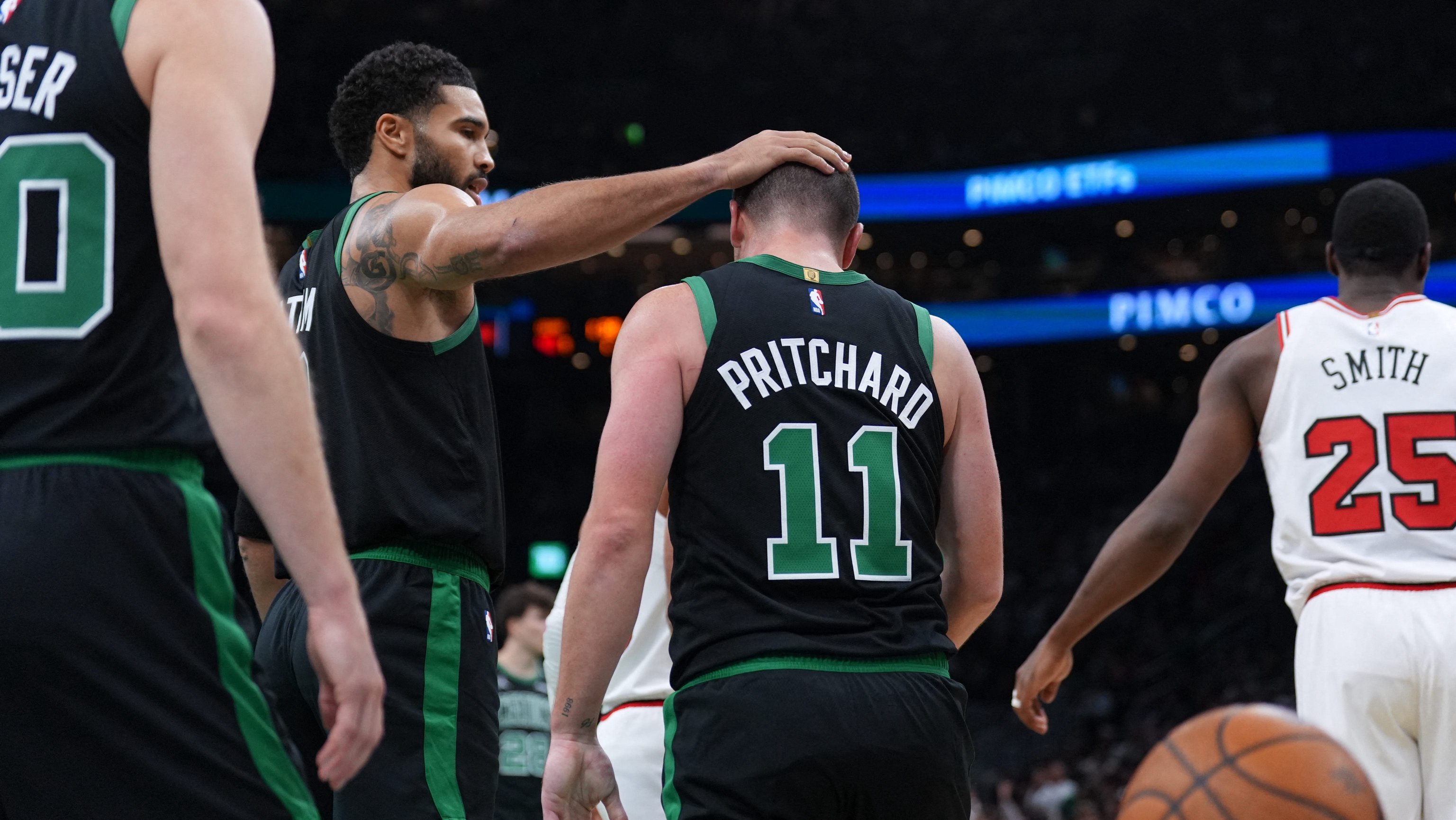 Oct 30, 2026; Boston, Massachusetts, USA; Boston Celtics forward Jayson Tatum (0) congratulates guard Payton Pritchard (11) after his basket against and being fouled by the Chicago Bulls in the first quarter at TD Garden. Mandatory Credit: David Butler II-Imagn Images