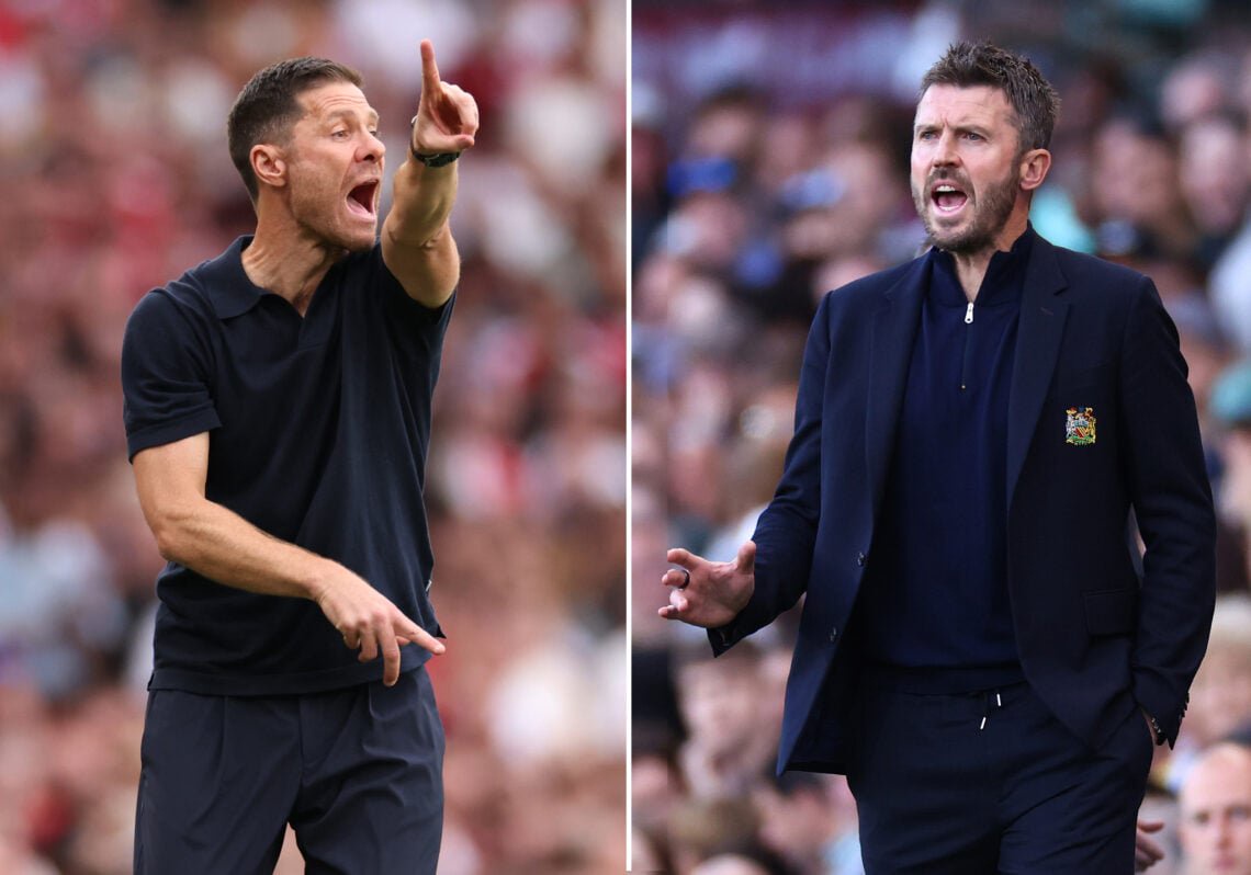 Xabi Alonso manager of Chelsea (L) and Michael Carrick, Head Coach of Manchester United. Chelsea and Manchester United meet in a Premier League fixture