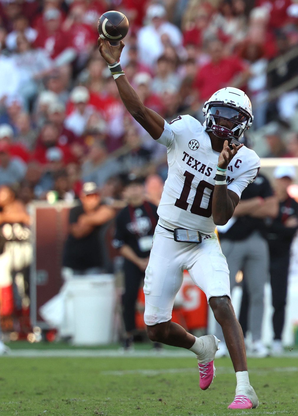 Oct 24, 2026; Tuscaloosa, Alabama, USA;  Texas A&amp;M Aggies quarterback Marcel Reed (10) throws a pass against the Alabama Crimson Tide during the second half at Saban Field at Bryant-Denny Stadium.  Mandatory Credit: David Leong-Imagn Images